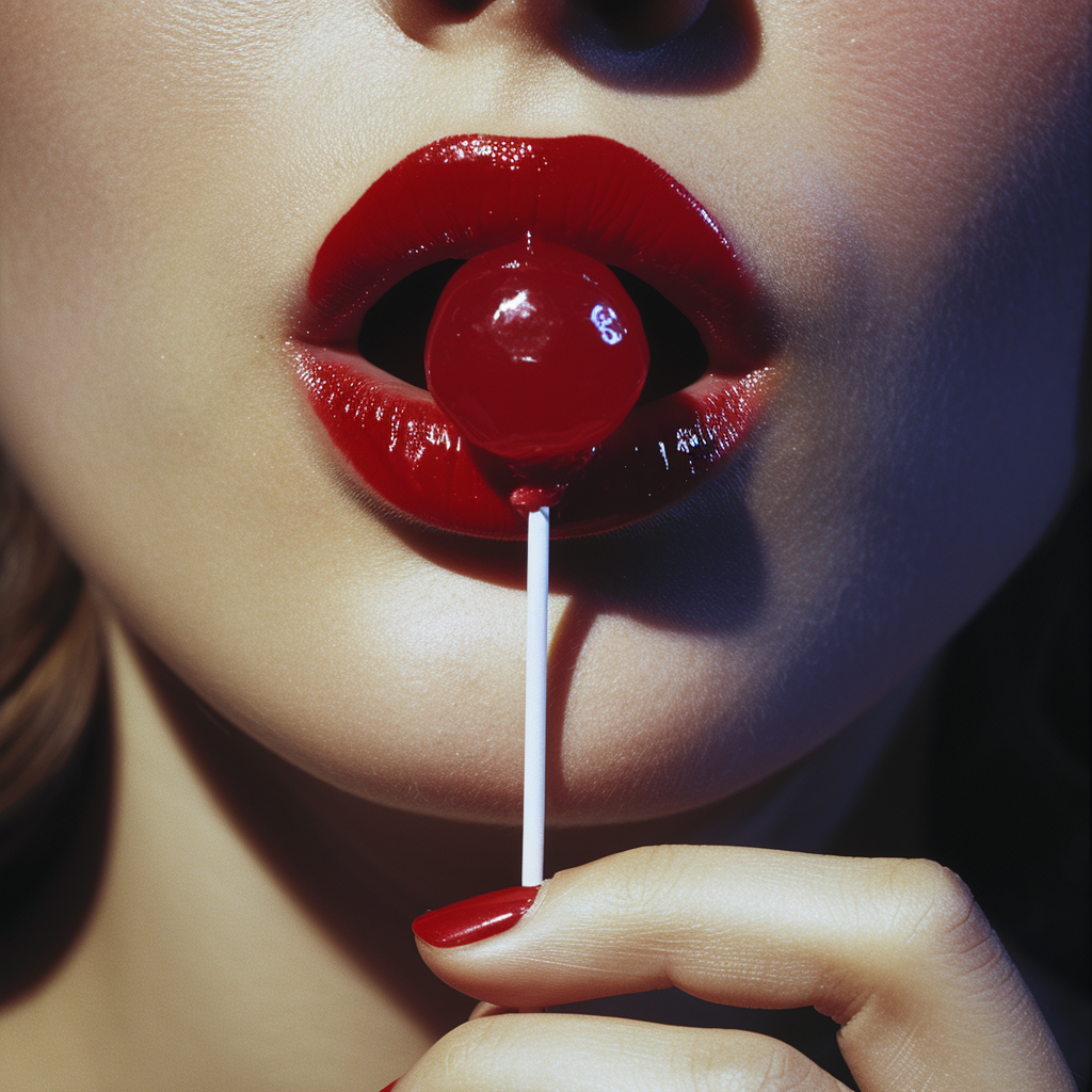 Lollipop in mouth red lips