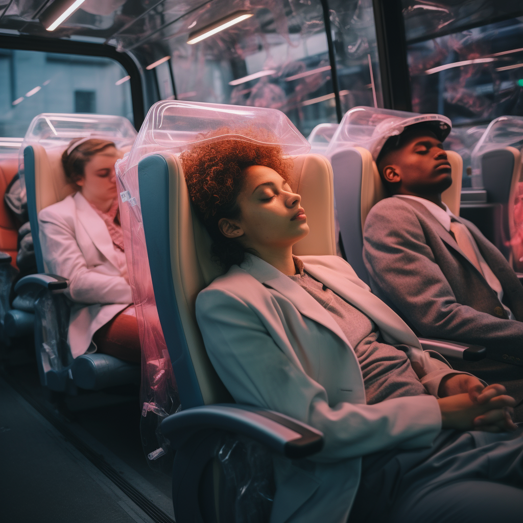 Commuters sleeping on futuristic autonomous bus