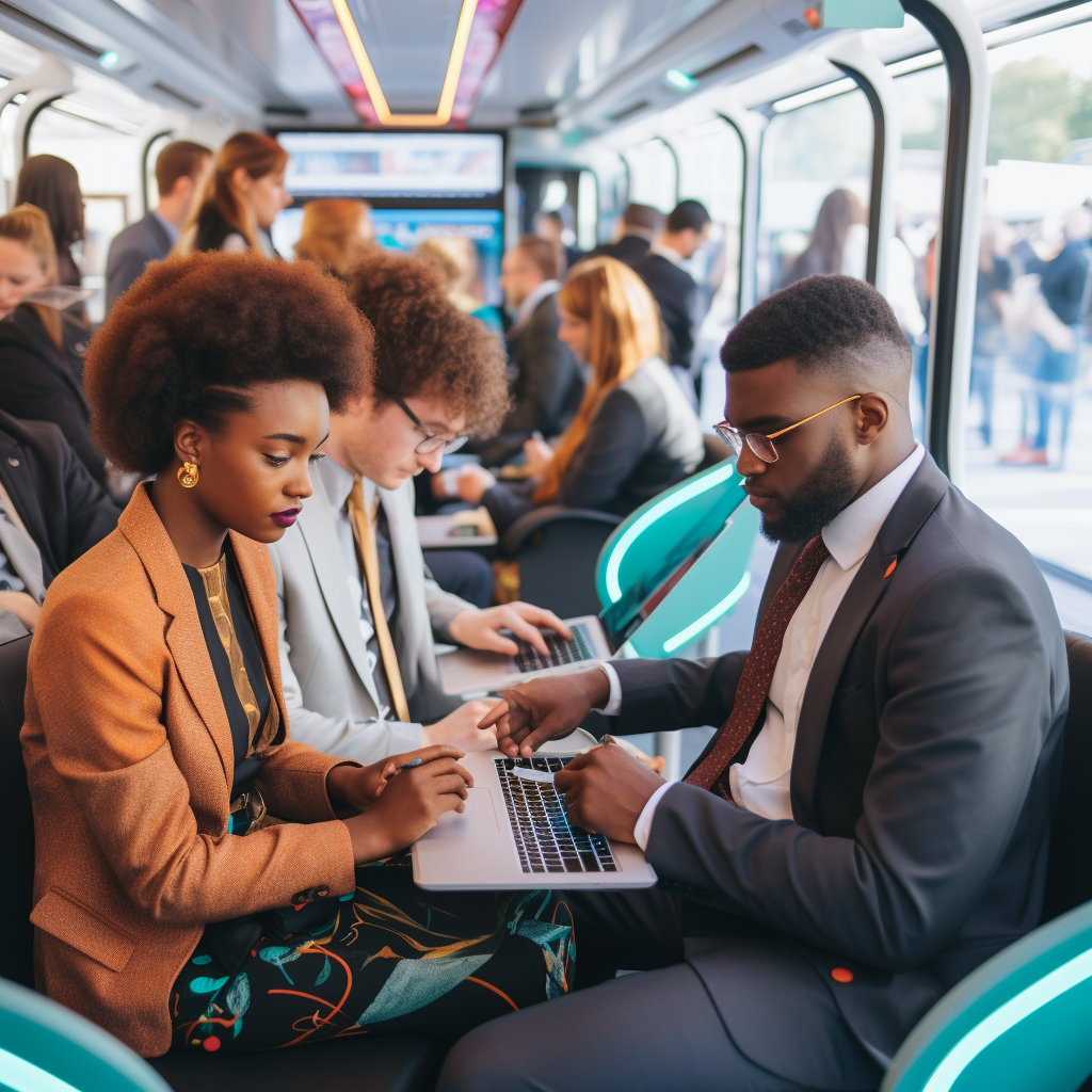 Commuters in futuristic bus working