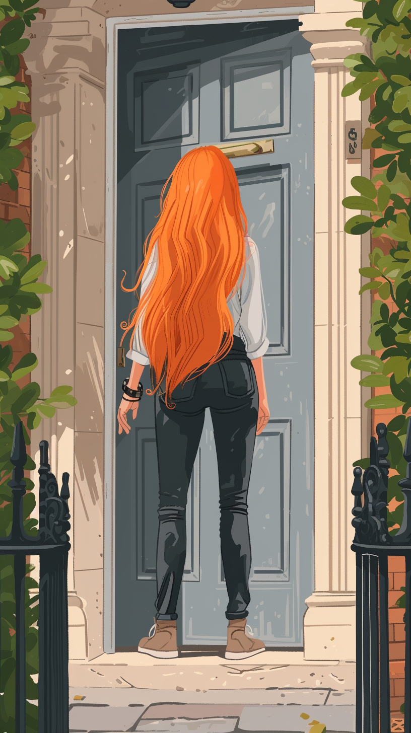 Cartoon woman with long orange hair at London home