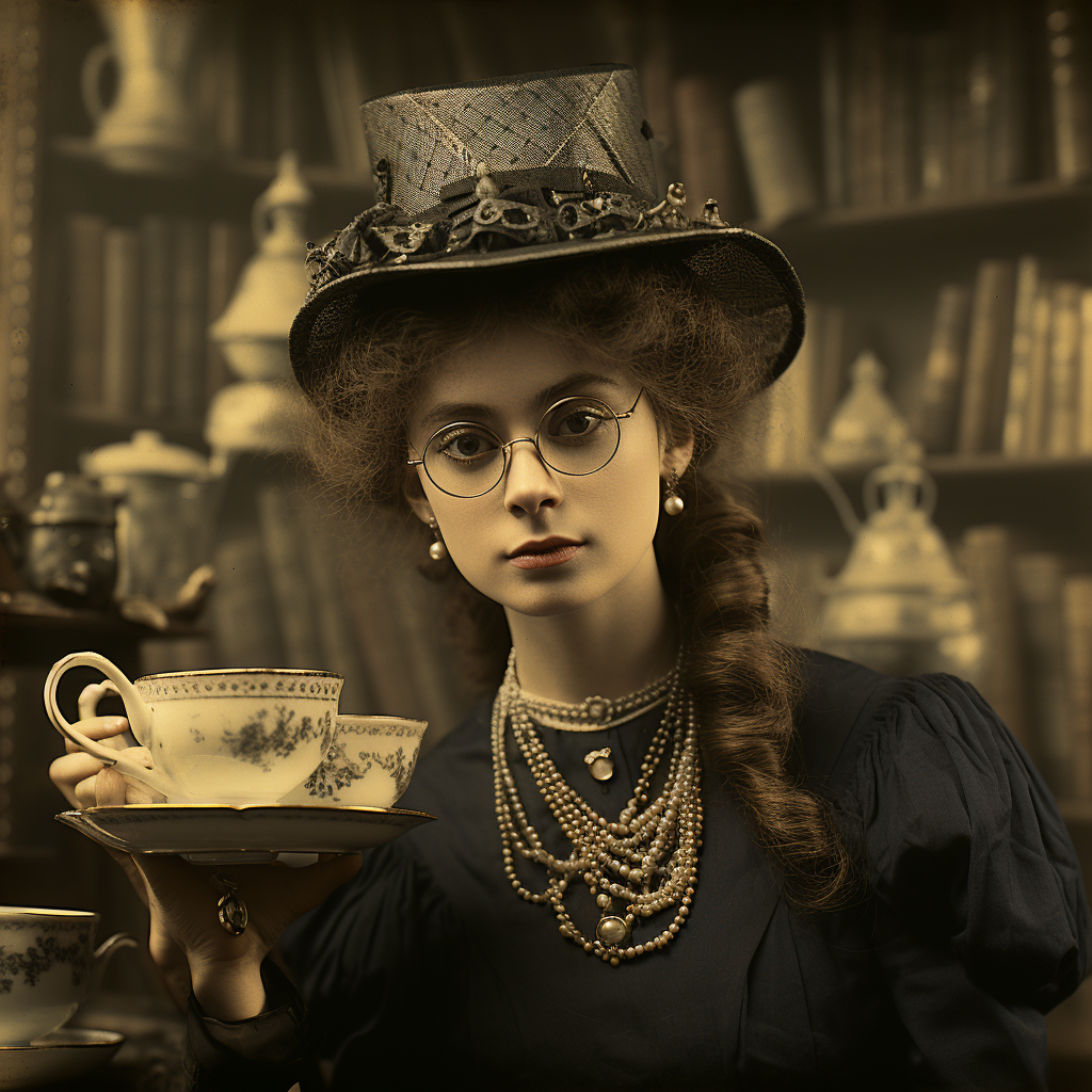 Vintage photo of a stern person wearing glasses and hairpin, holding a teacup