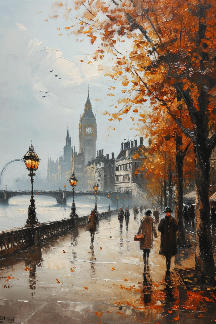 A picturesque street scene in London during autumn