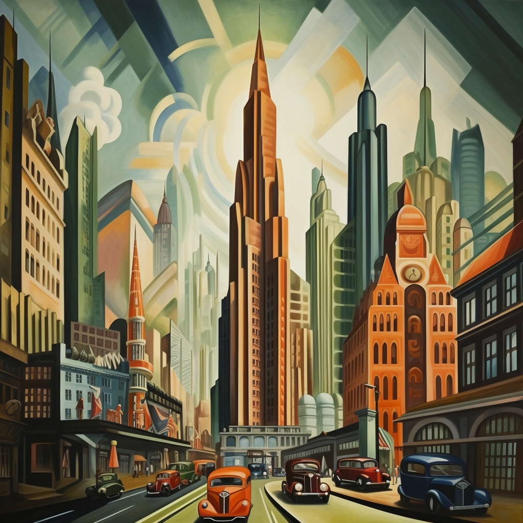 Art deco painting of London landmarks