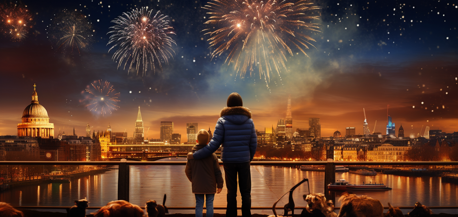 Family watching London New Year fireworks