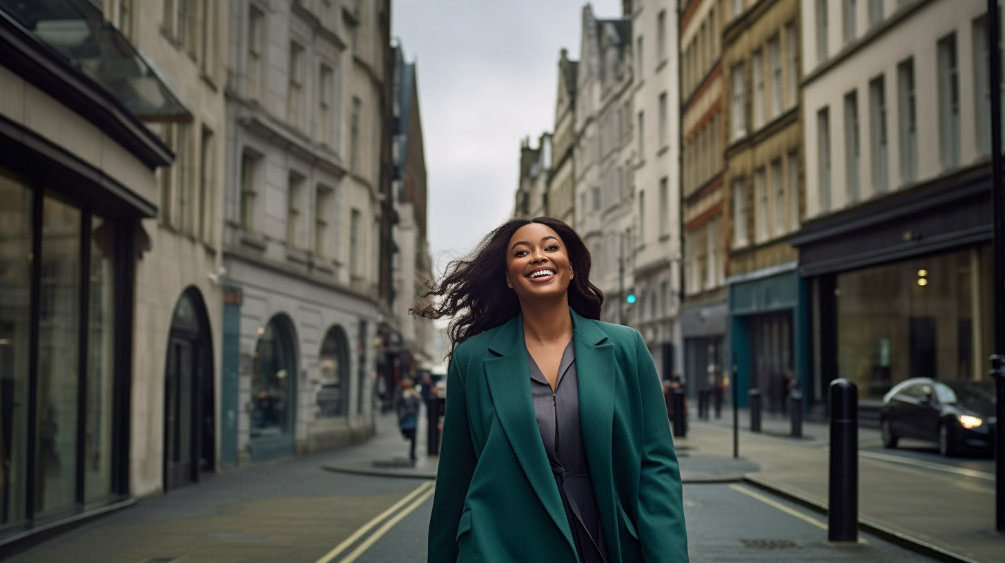 Smiling plus size model in elegant London street fashion