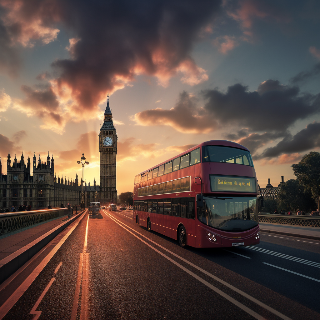 Tour bus with Big Ben at sunset