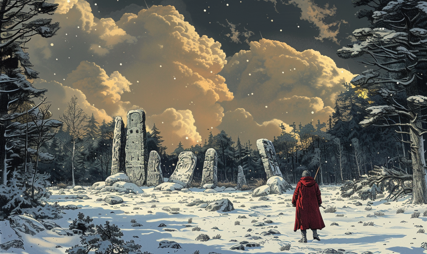 Lone explorer in red coat amidst snow and ancient ruins