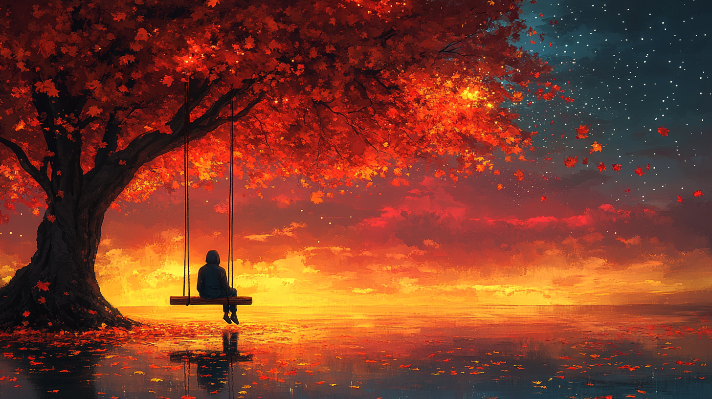 lone person on swing under tree with umbrella