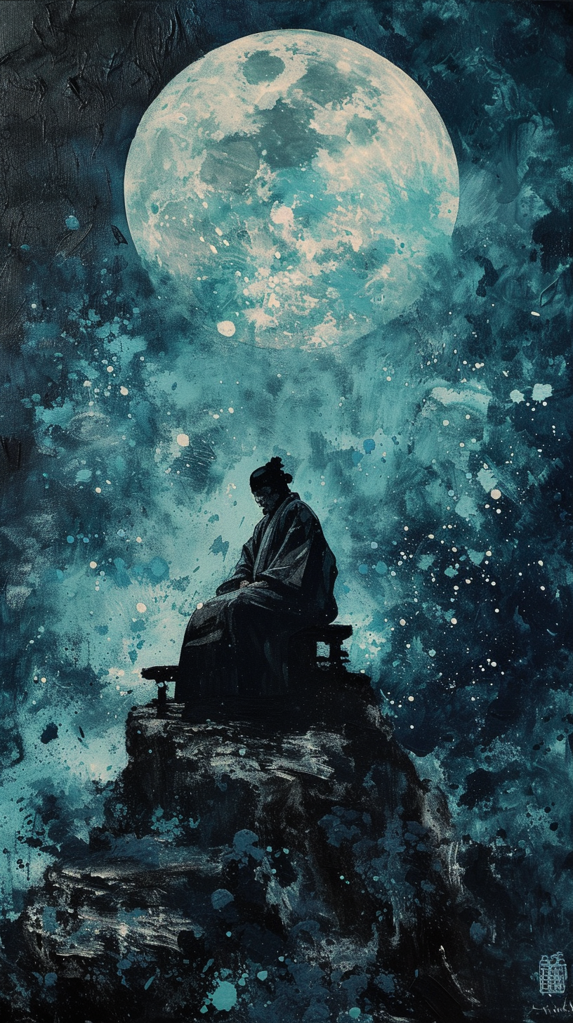 Lone samurai on throne in moonlit night