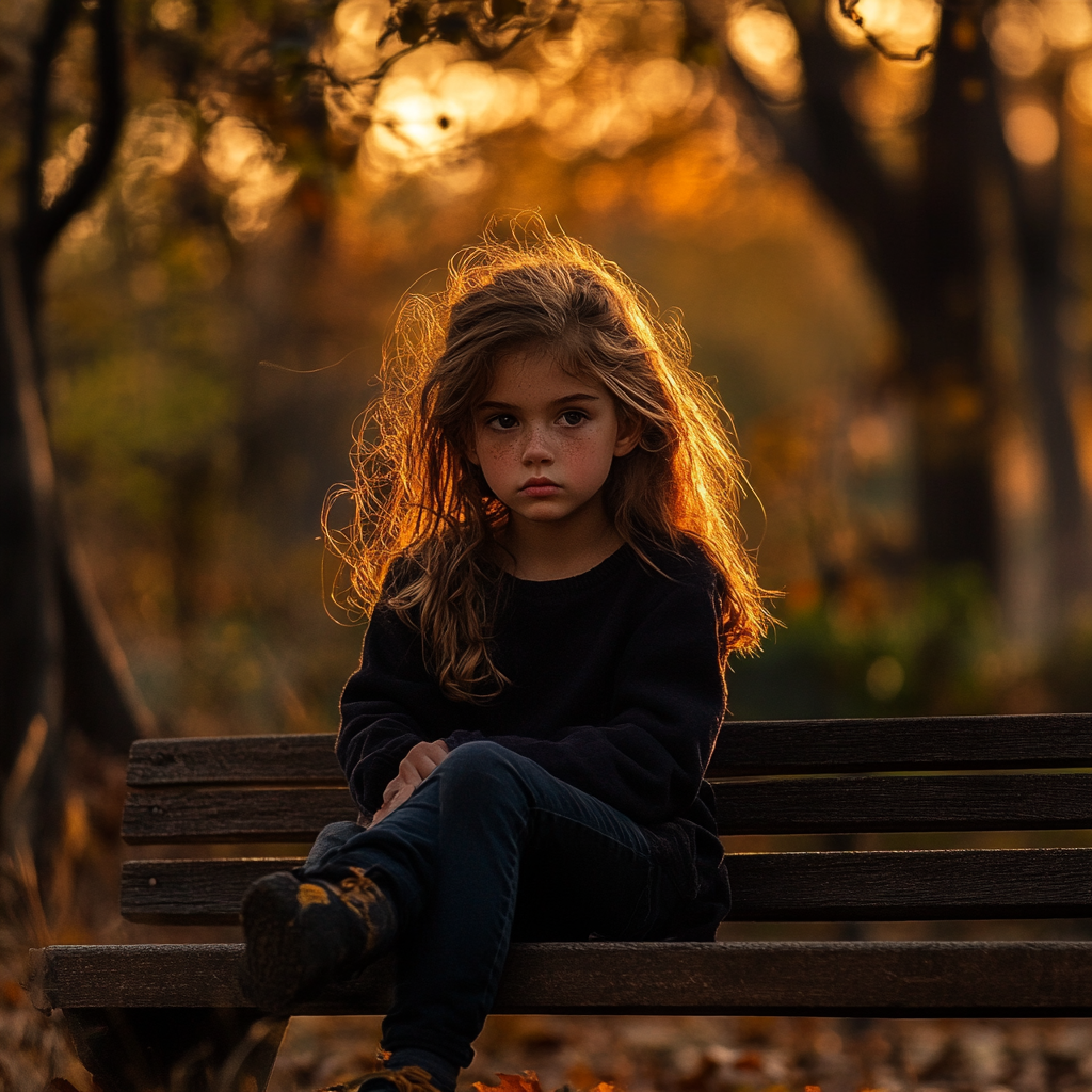 lonely 11 year old girl, messy hair, park bench, sunset, fall, tall trees