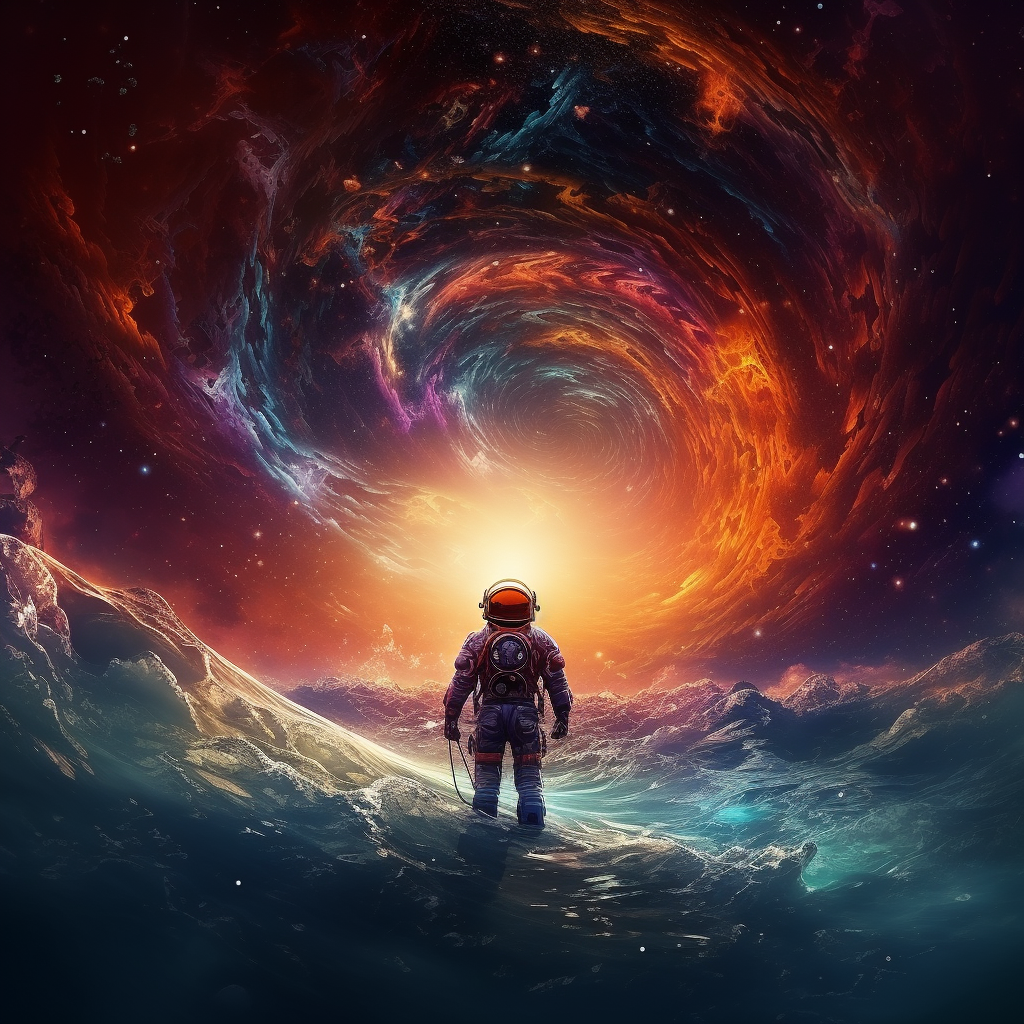 Astronaut surrounded by colorful space nebulas