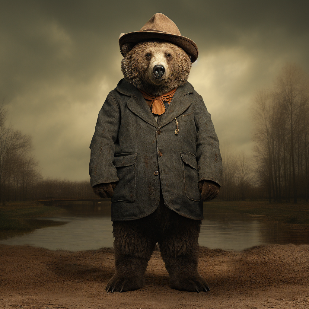 Sad bear wearing a hat and looking at camera