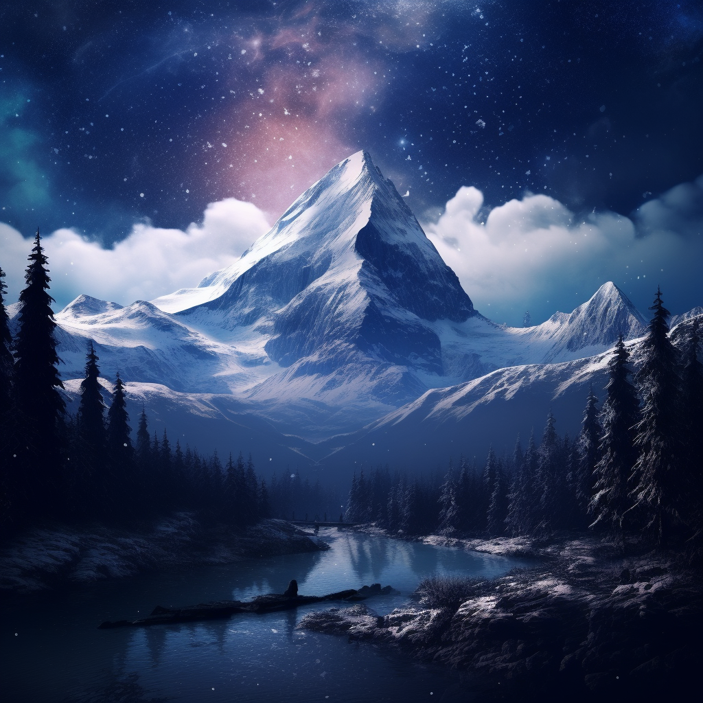 Majestic snowy mountain with dark forest