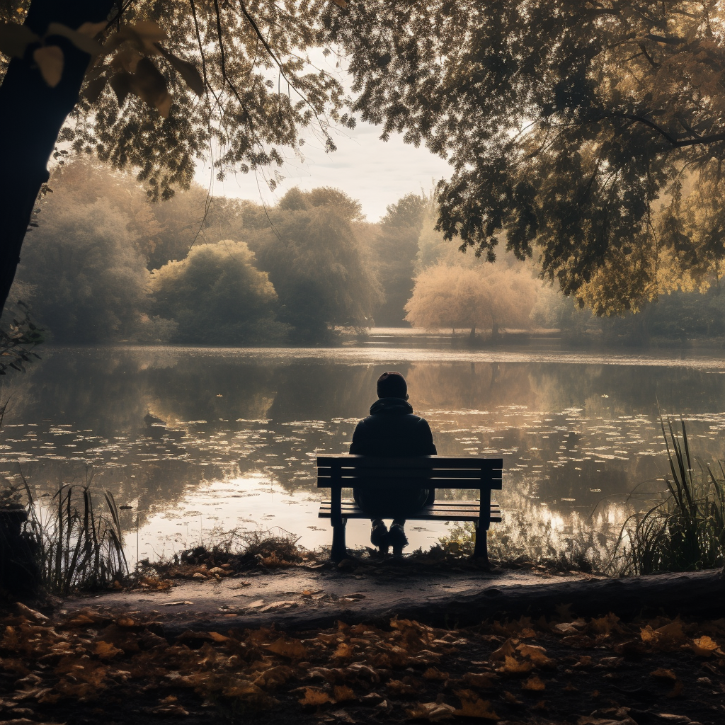 A lonely guy sitting on a park bench by the pond