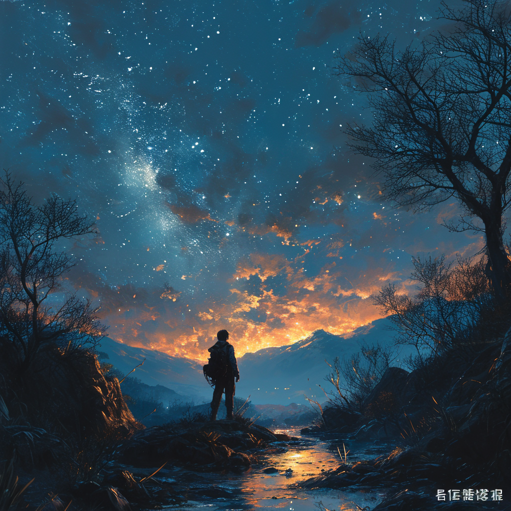 Lonely man under a starry night