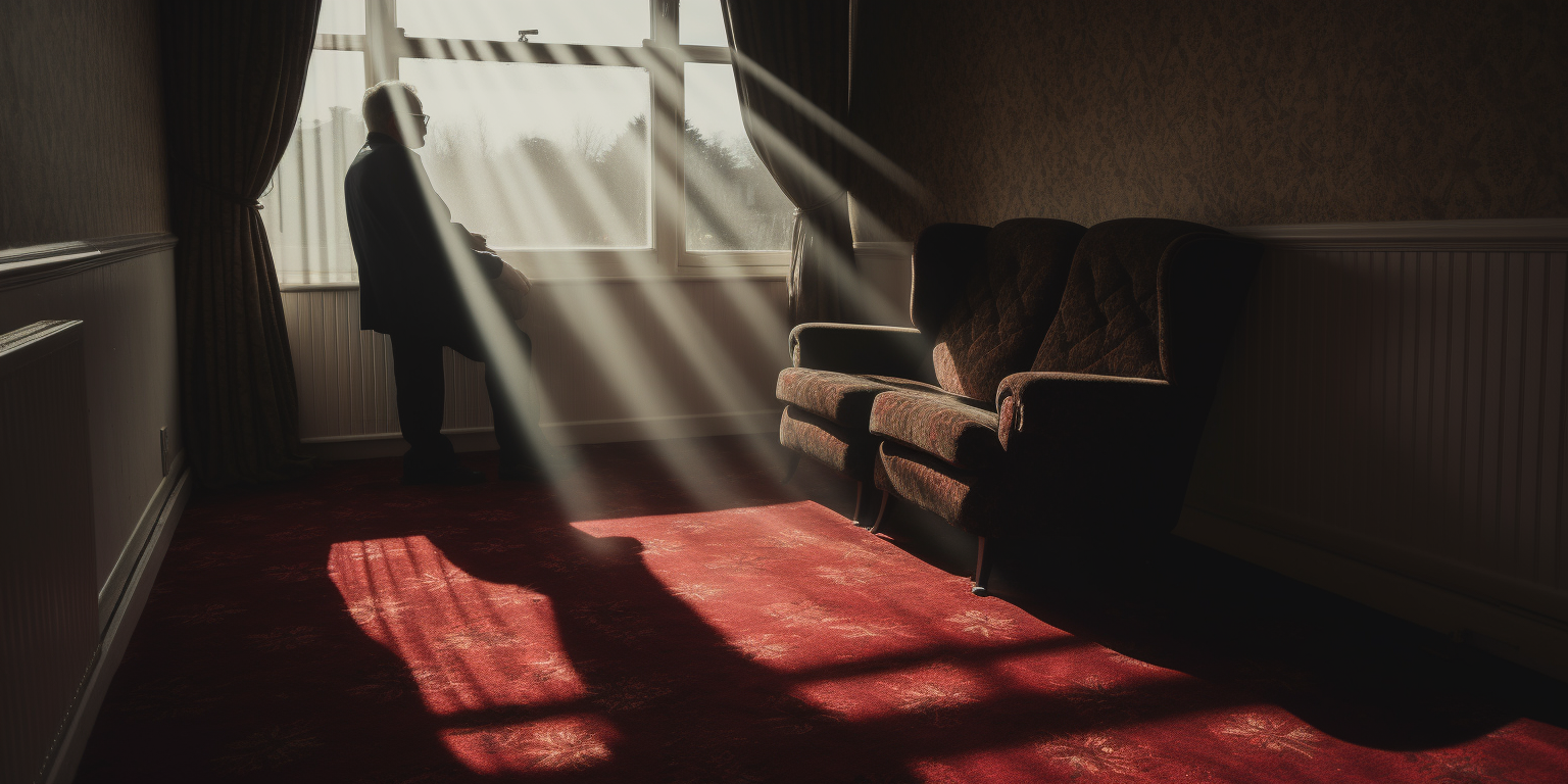 Lonely man sitting in sunlit living room