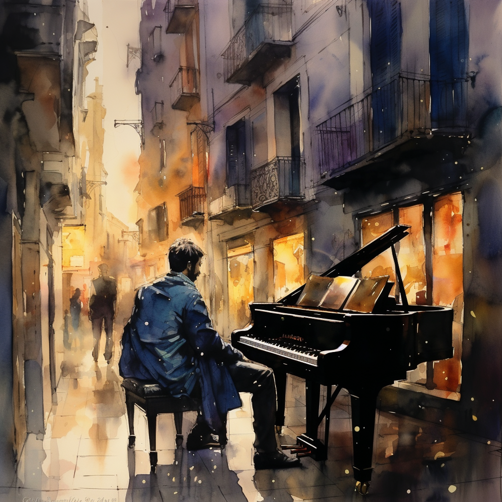 Abstract painting of people playing piano under street lights