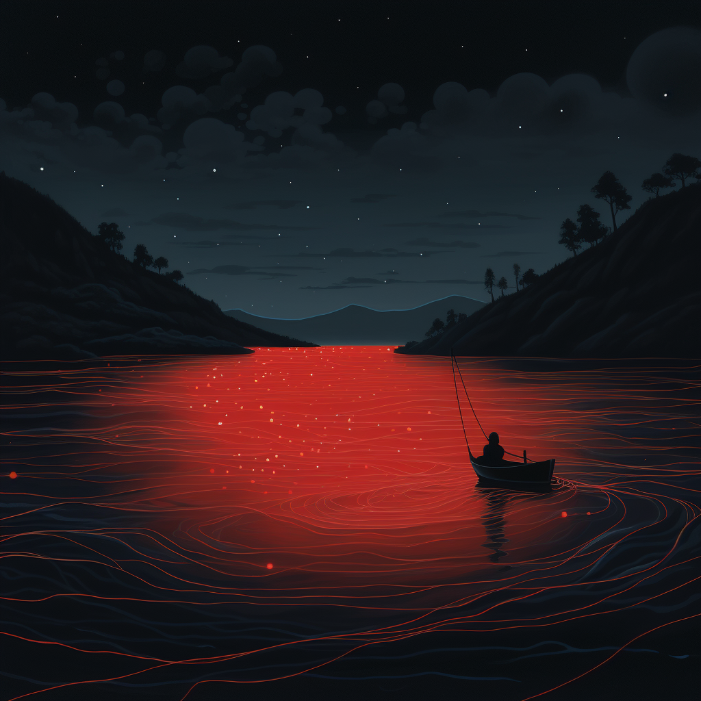 Lonely red string drifting on large river at night