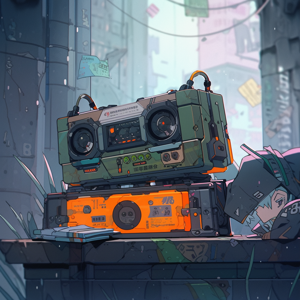 Robot holding boombox in futuristic world