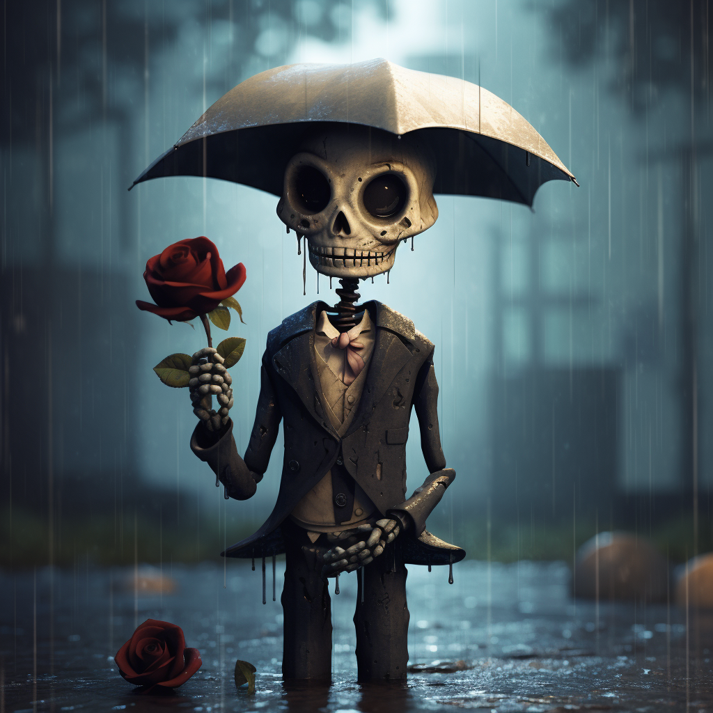 Lonely skeleton holding a black rose