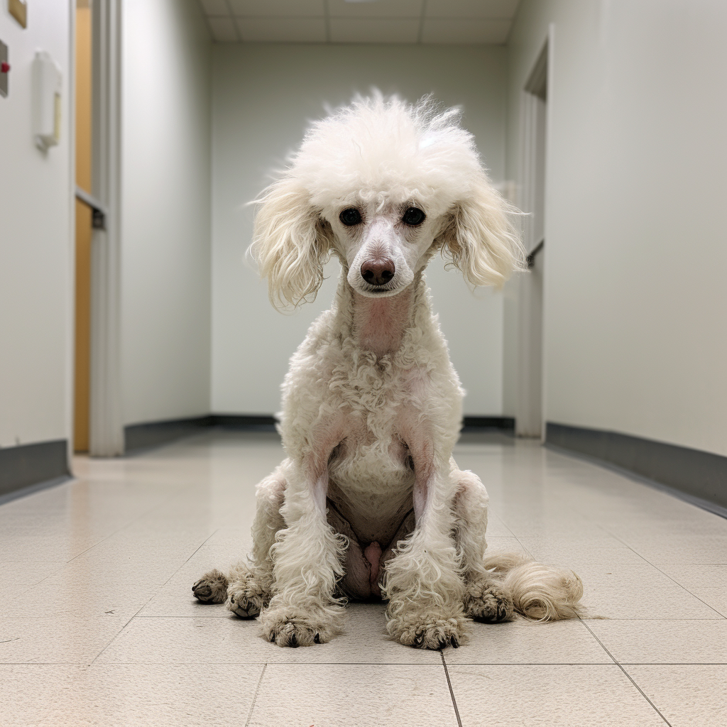 White poodle puppy with one leg