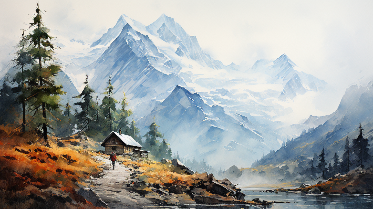 Watercolor of a lonely hut with hikers in front of a mountain