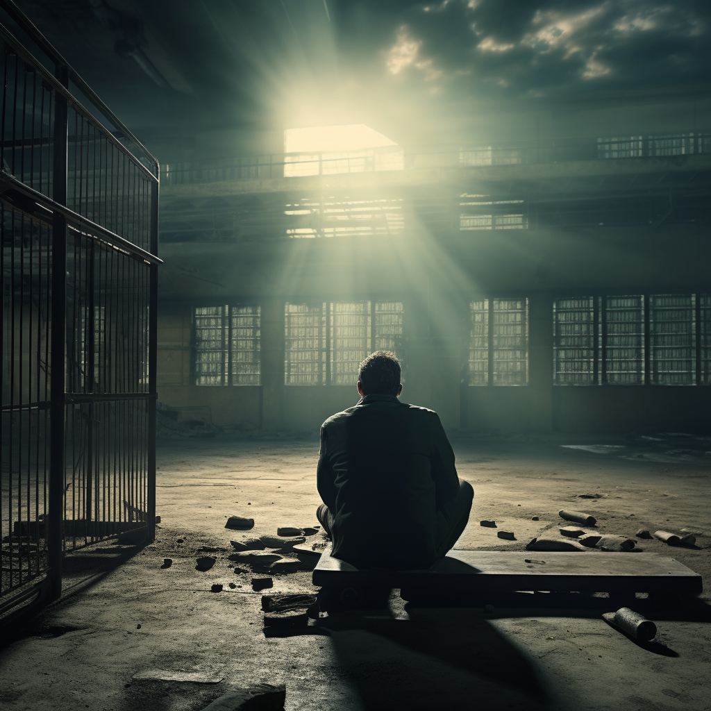 A man in his 40s sitting alone in a big prison