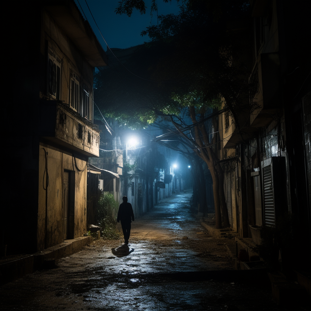 Lonely man walking in poor neighborhood at night