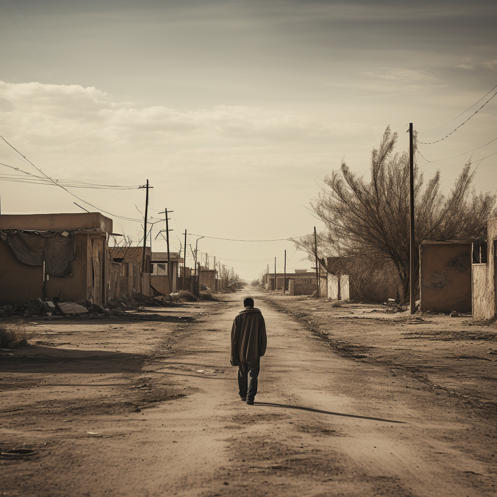 Lonely man walking in poor neighborhood of Iraq