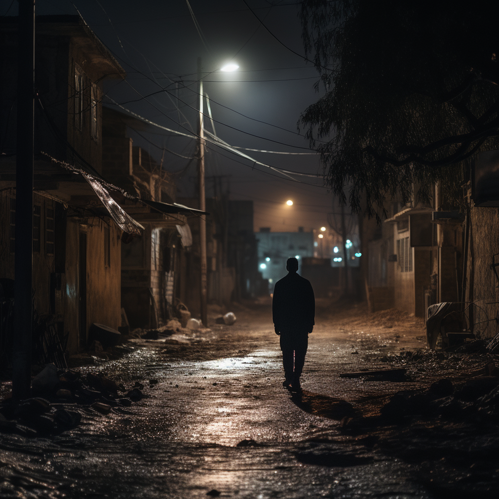 Lonely man in Palestine walking at night