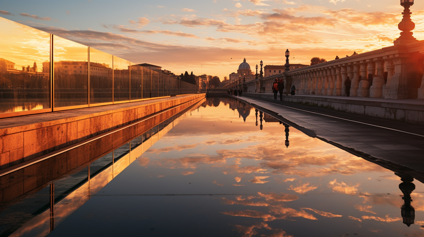 Sunset reflections on contemporary catwalk in Rome