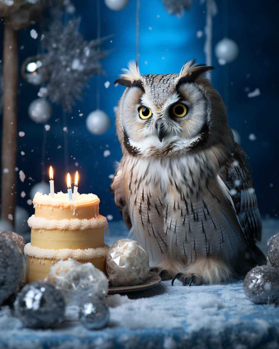 Long-eared owl with frost-covered cupcake