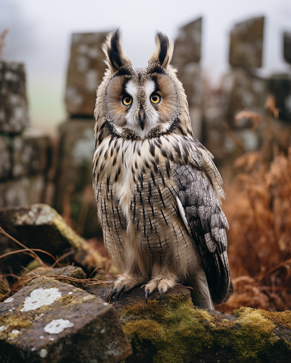 Majestic long-eared owl surrounded by sheep and stone wall