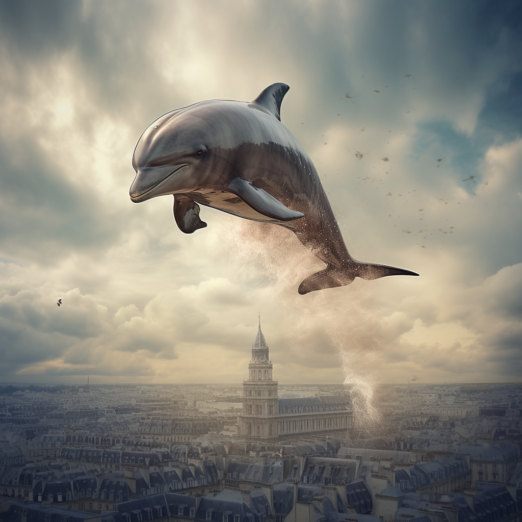 Elegant long-finned dolphin soaring in futuristic sky