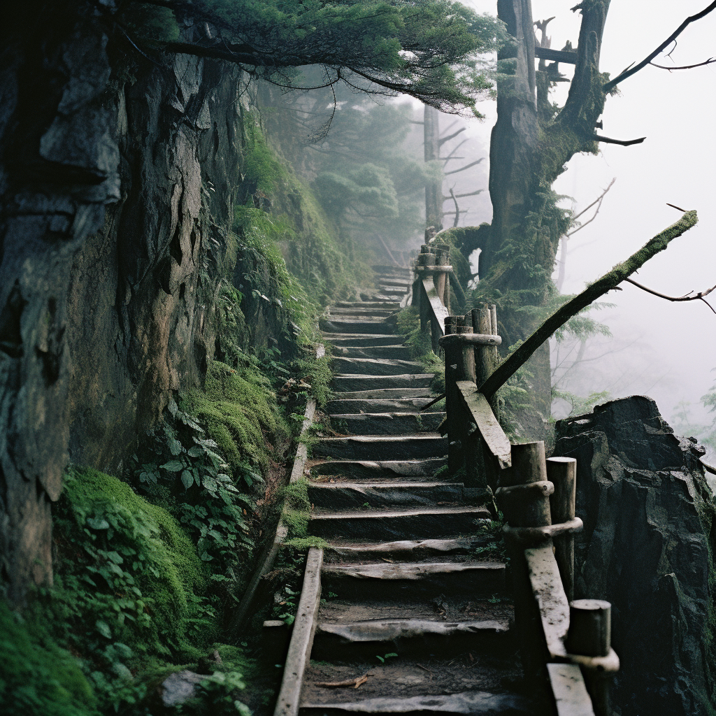 A breathtaking long stairway leading up the mountain