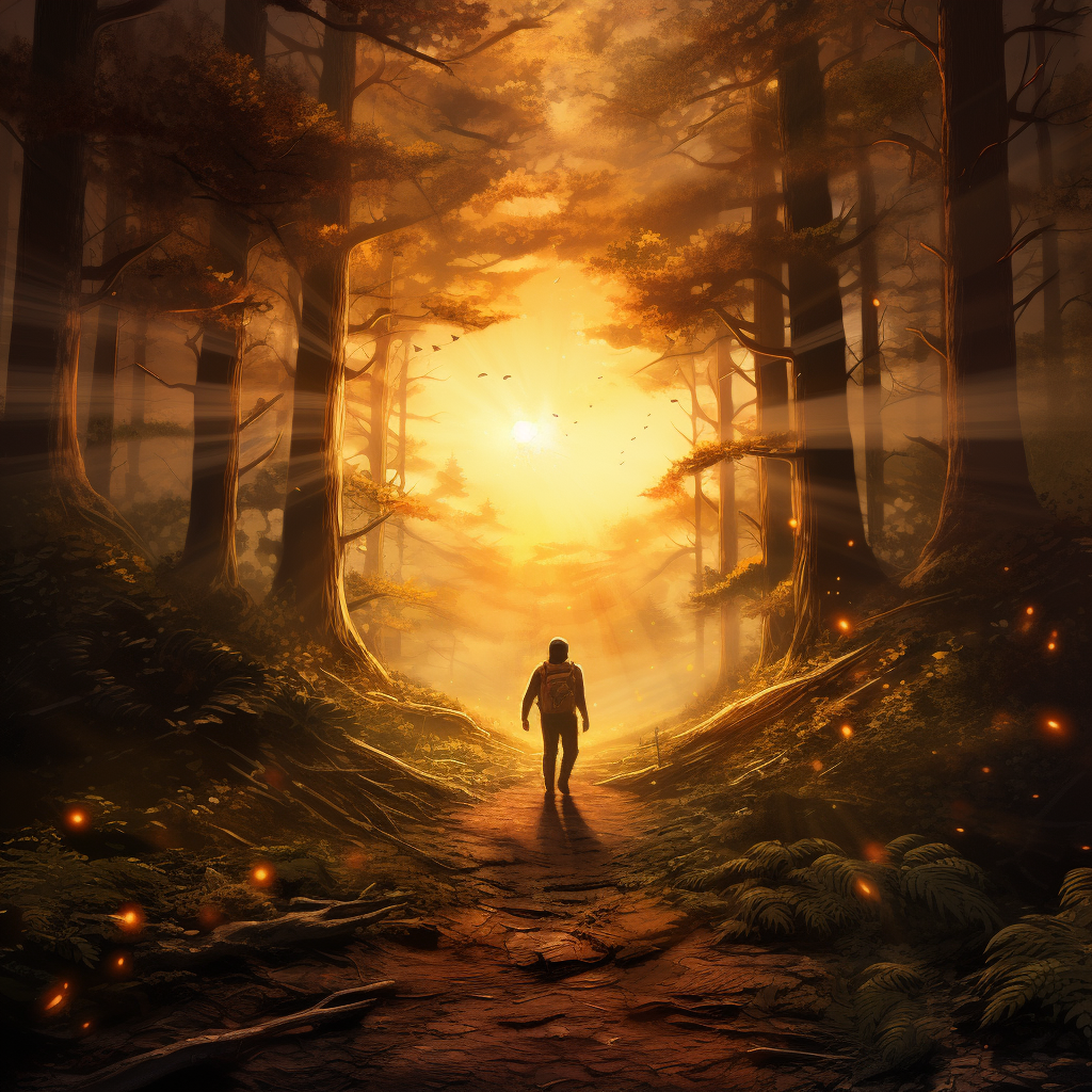 Man walking in forest under bright sun