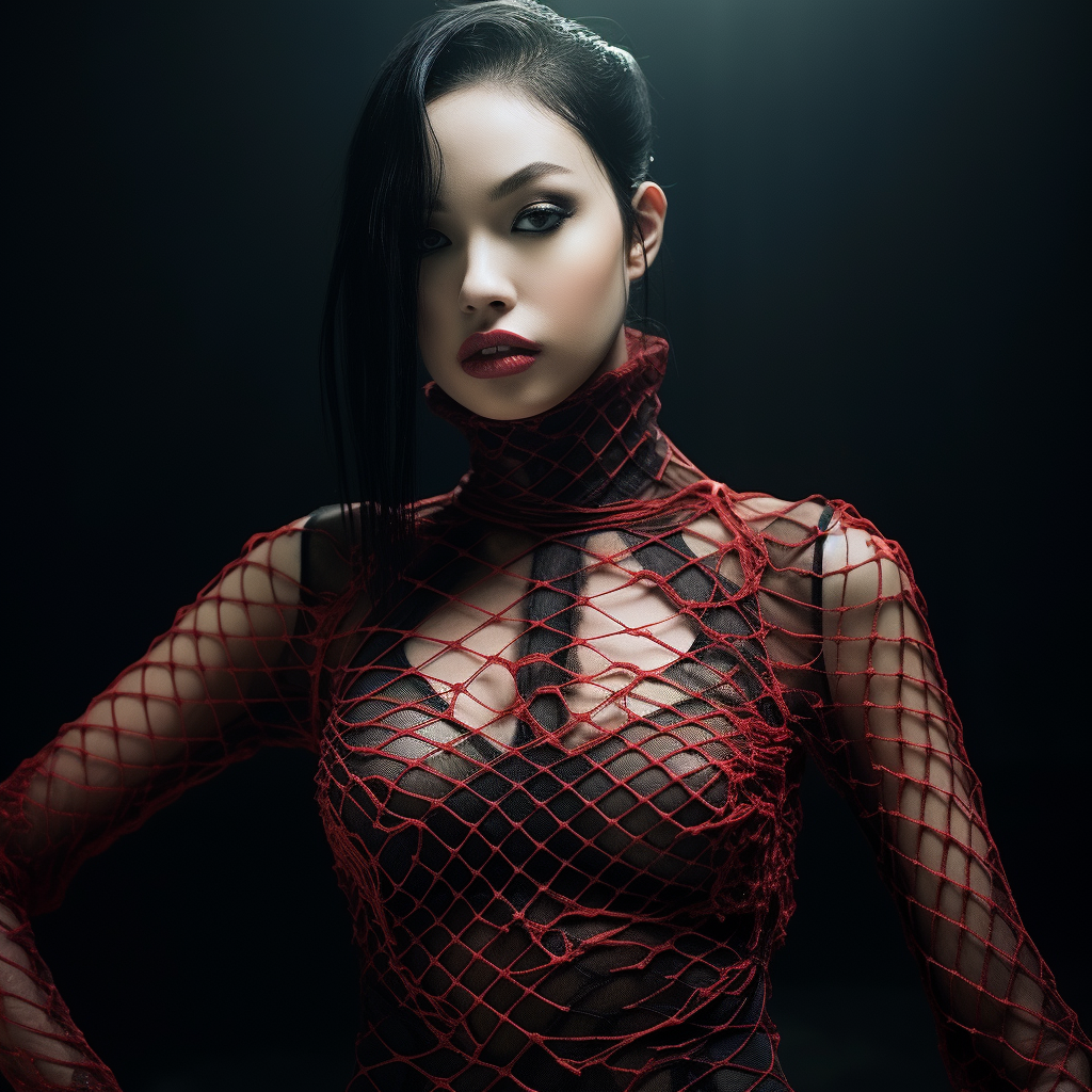 Stylish hands wrapped around red fishnet top