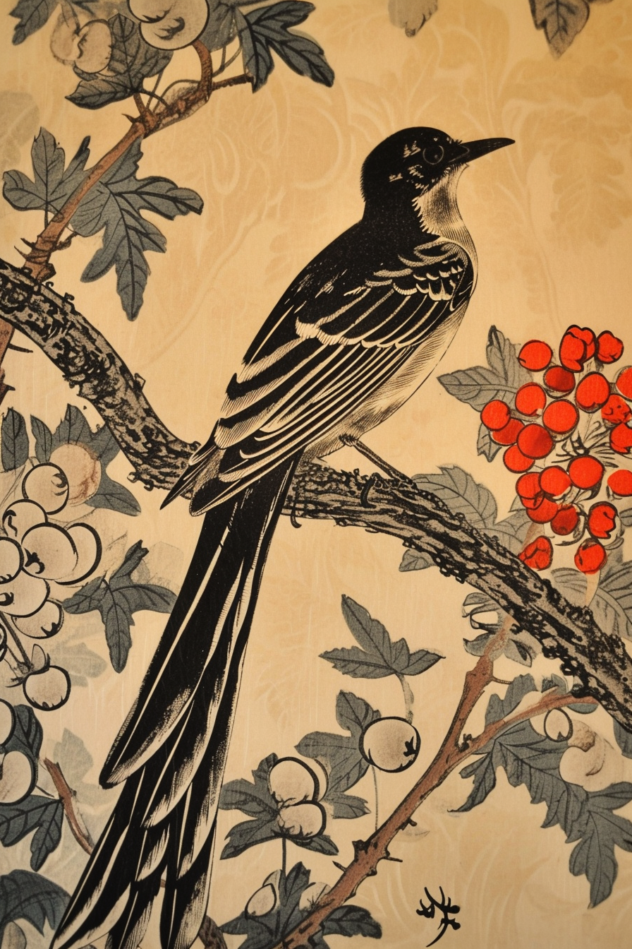 Beautiful Long Tailed Widowbird in Japanese Woodblock Art