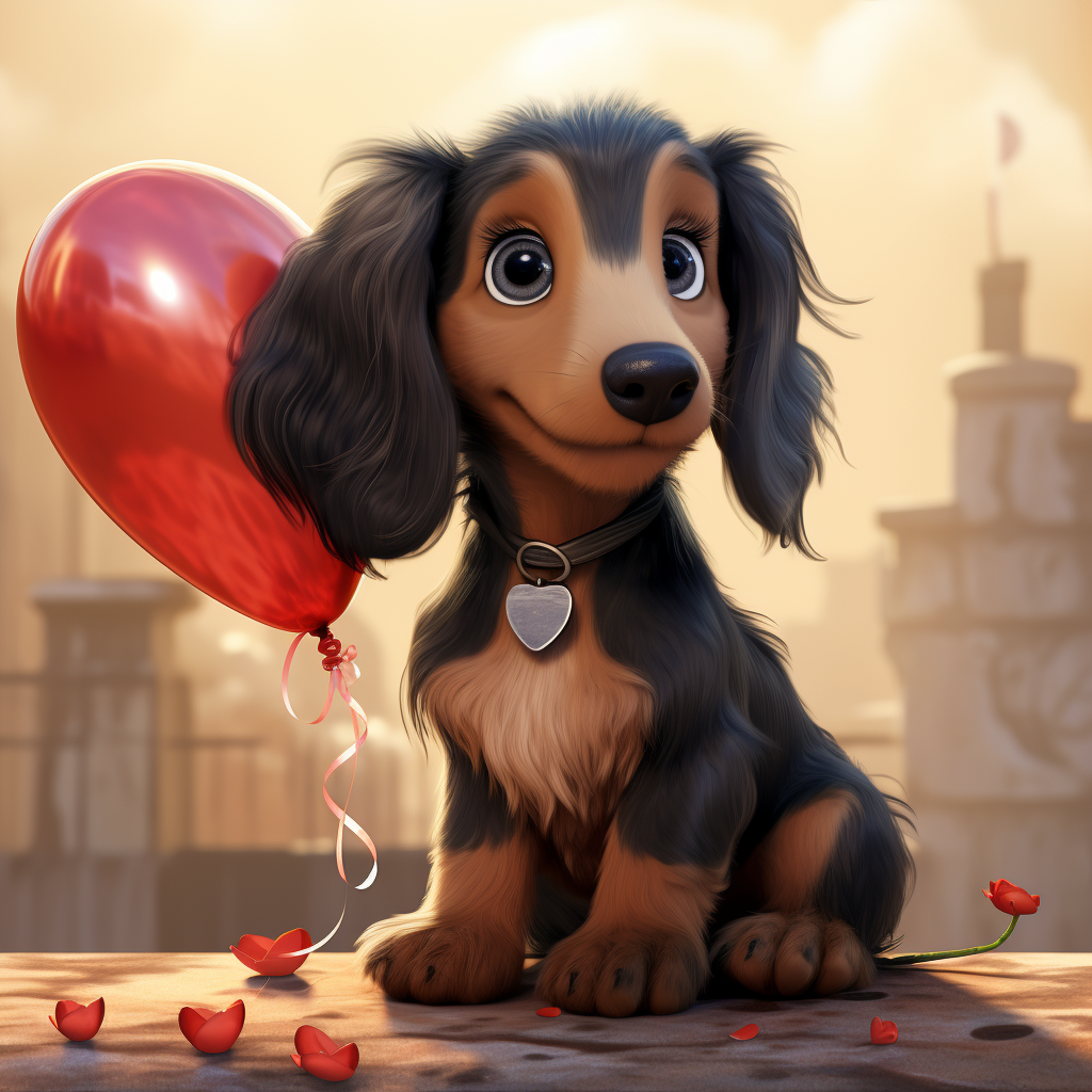 Adorable long hair puppy dachshund in Valentine scene