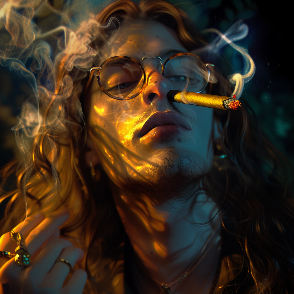 Smiling man smoking golden cigar