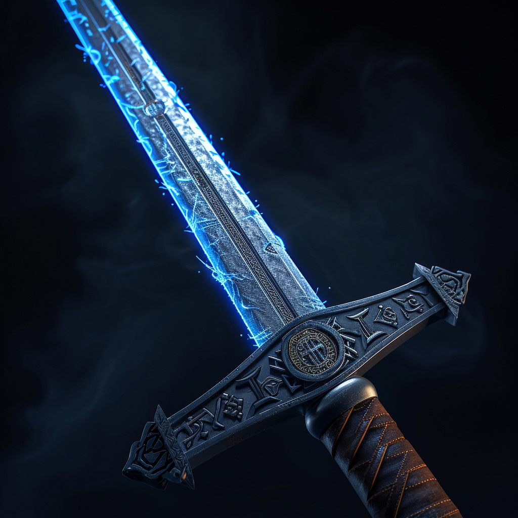 Detailed fantasy longsword with blue glowing runes