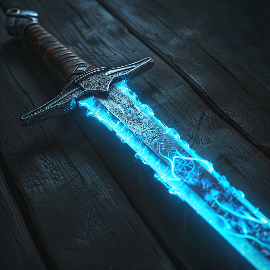 Detailed longsword with leather hilt and blue glowing runes