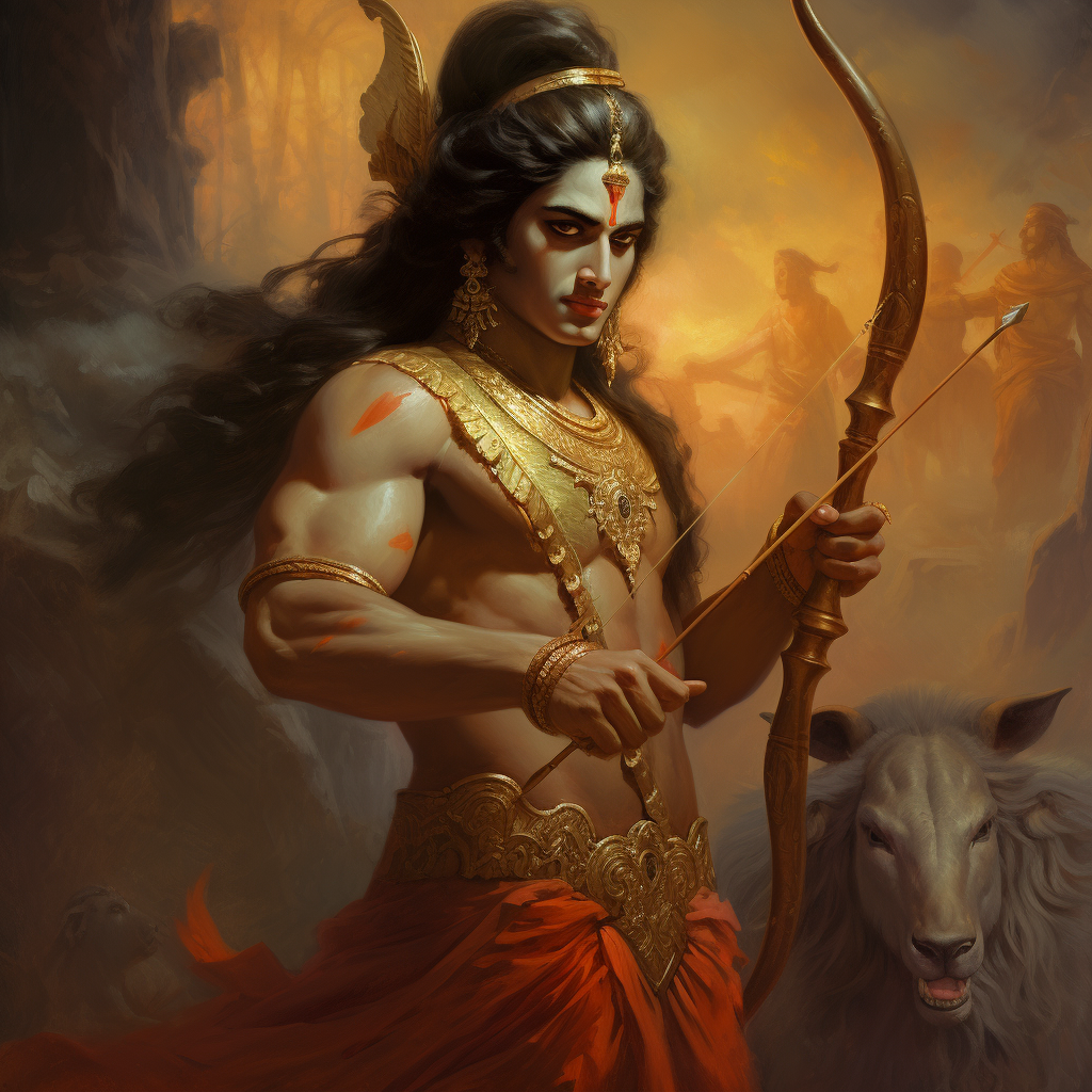 Lord Ram shooting arrow at demon with calmness