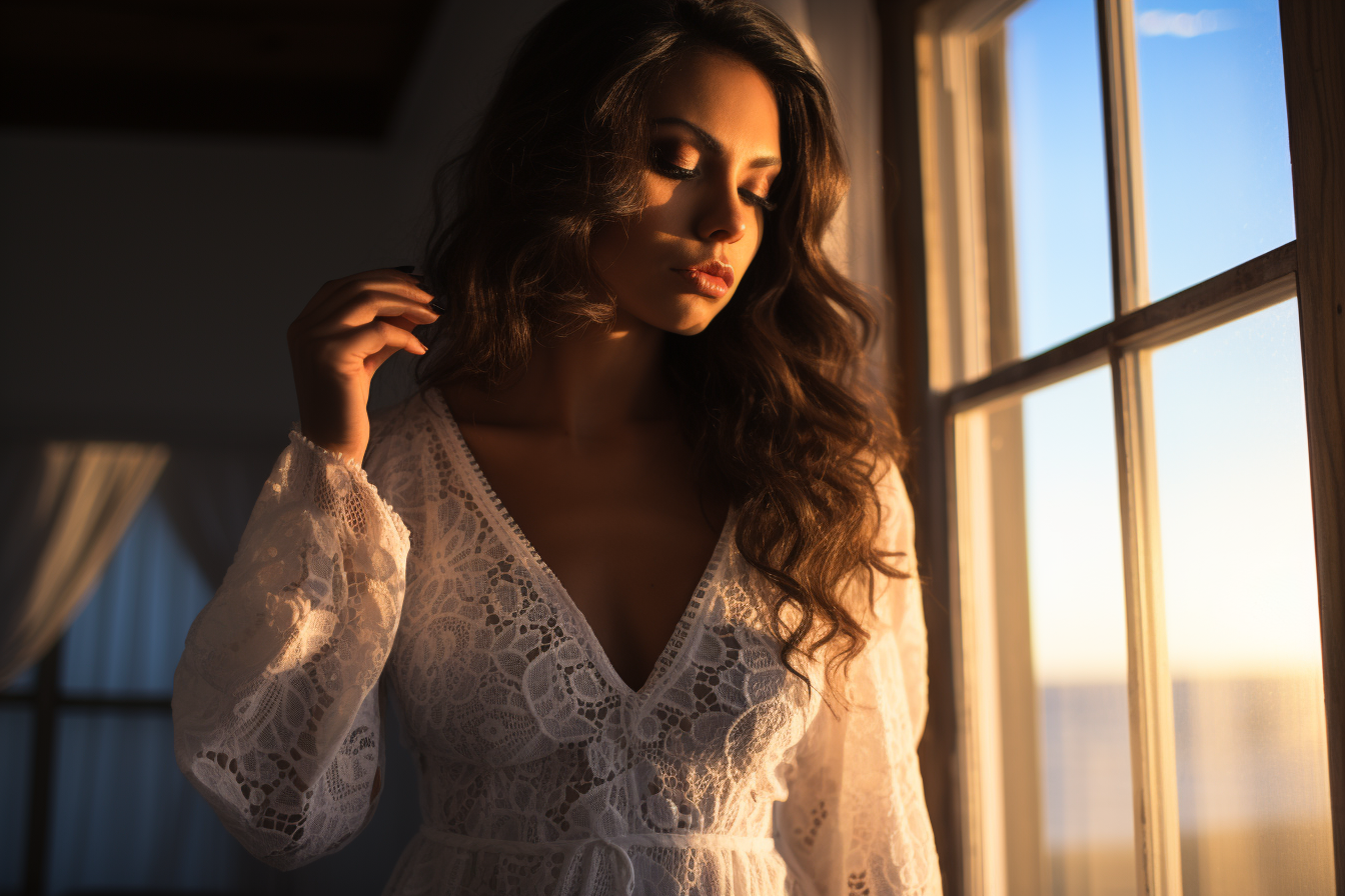 Beautiful Latina in Lace Nightgown at Sunset