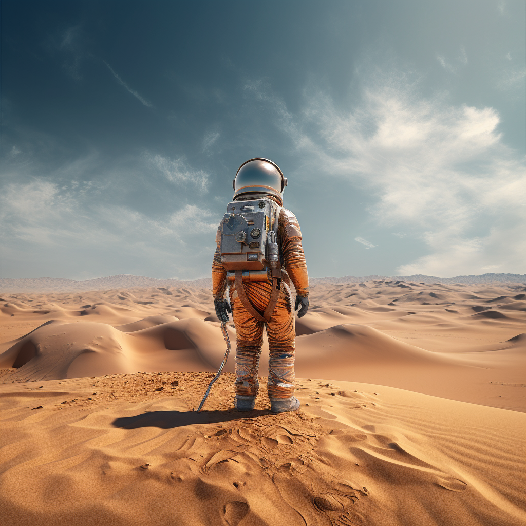 Lost astronaut wandering in surreal desert landscape