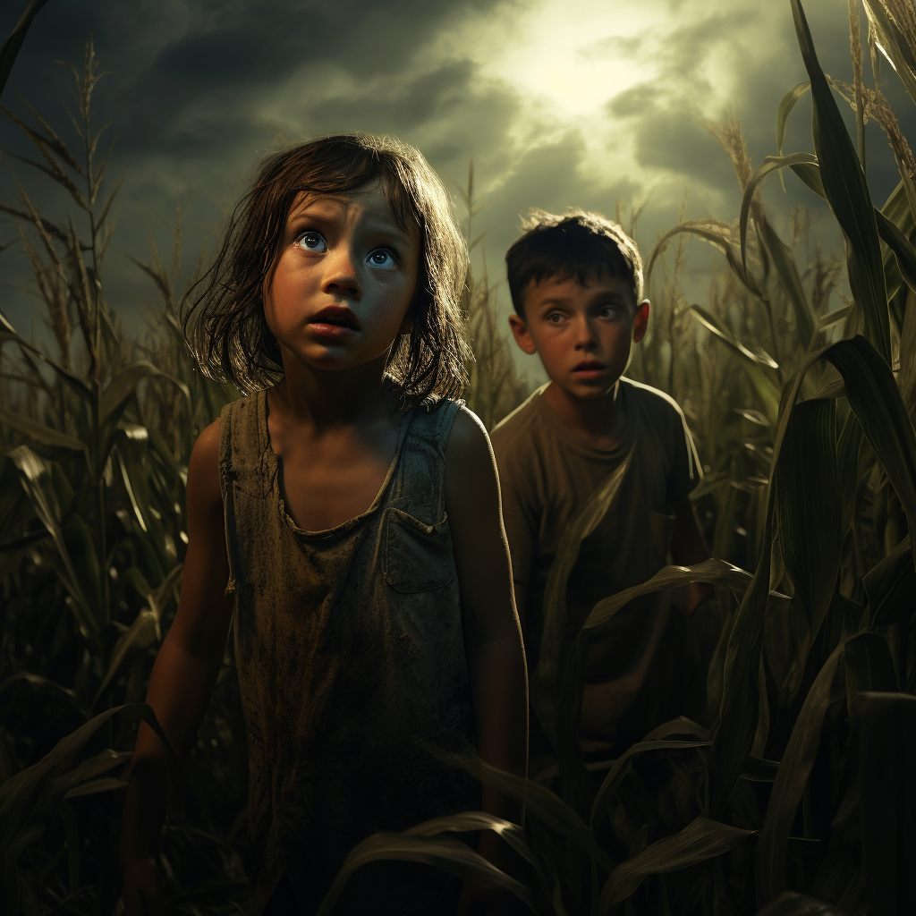 Terrified little boy and girl in cornfield