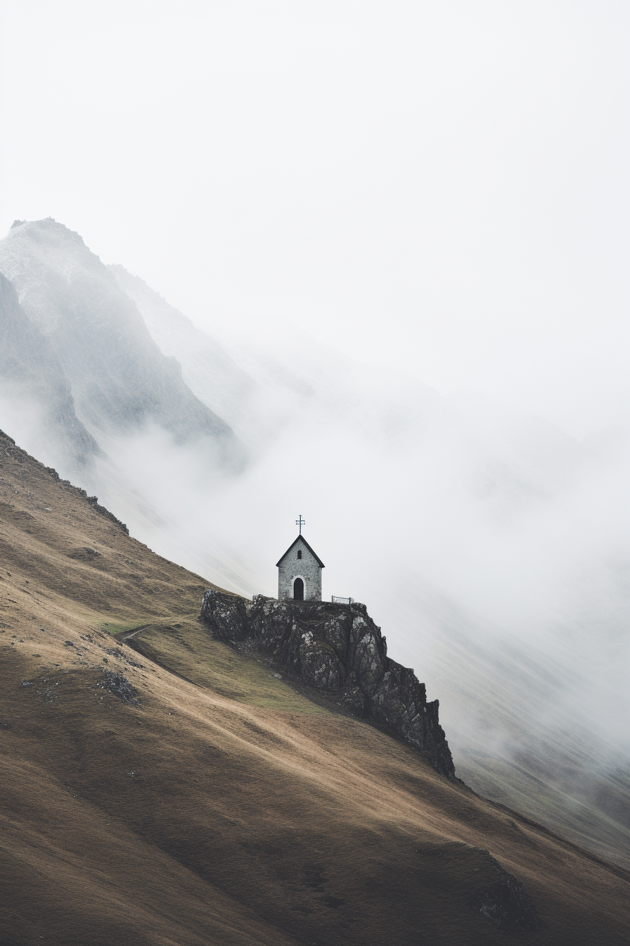 Minimalist poster of a lost chapel in the mountains