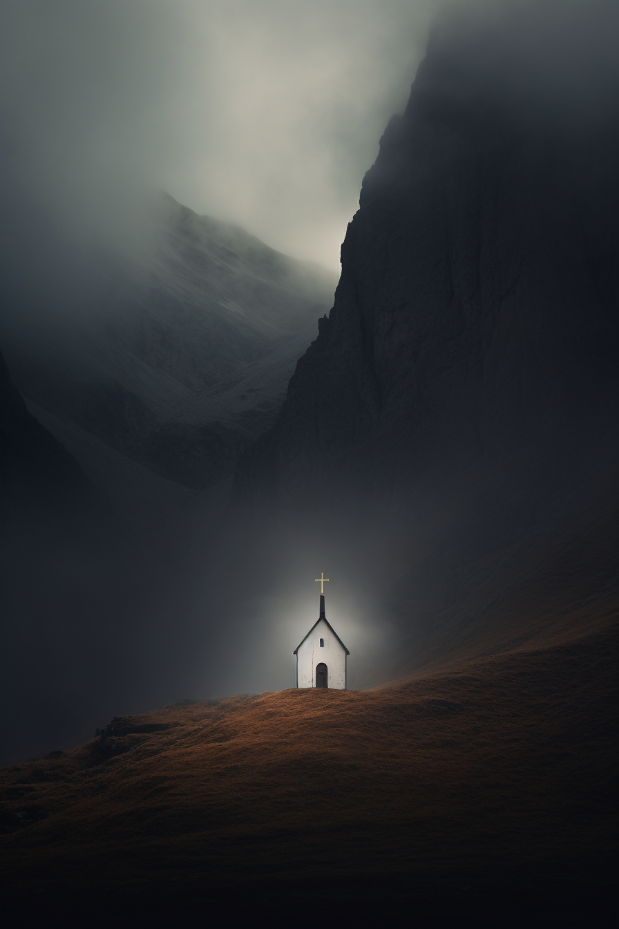 Artistic depiction of a lost chapel in the mountains