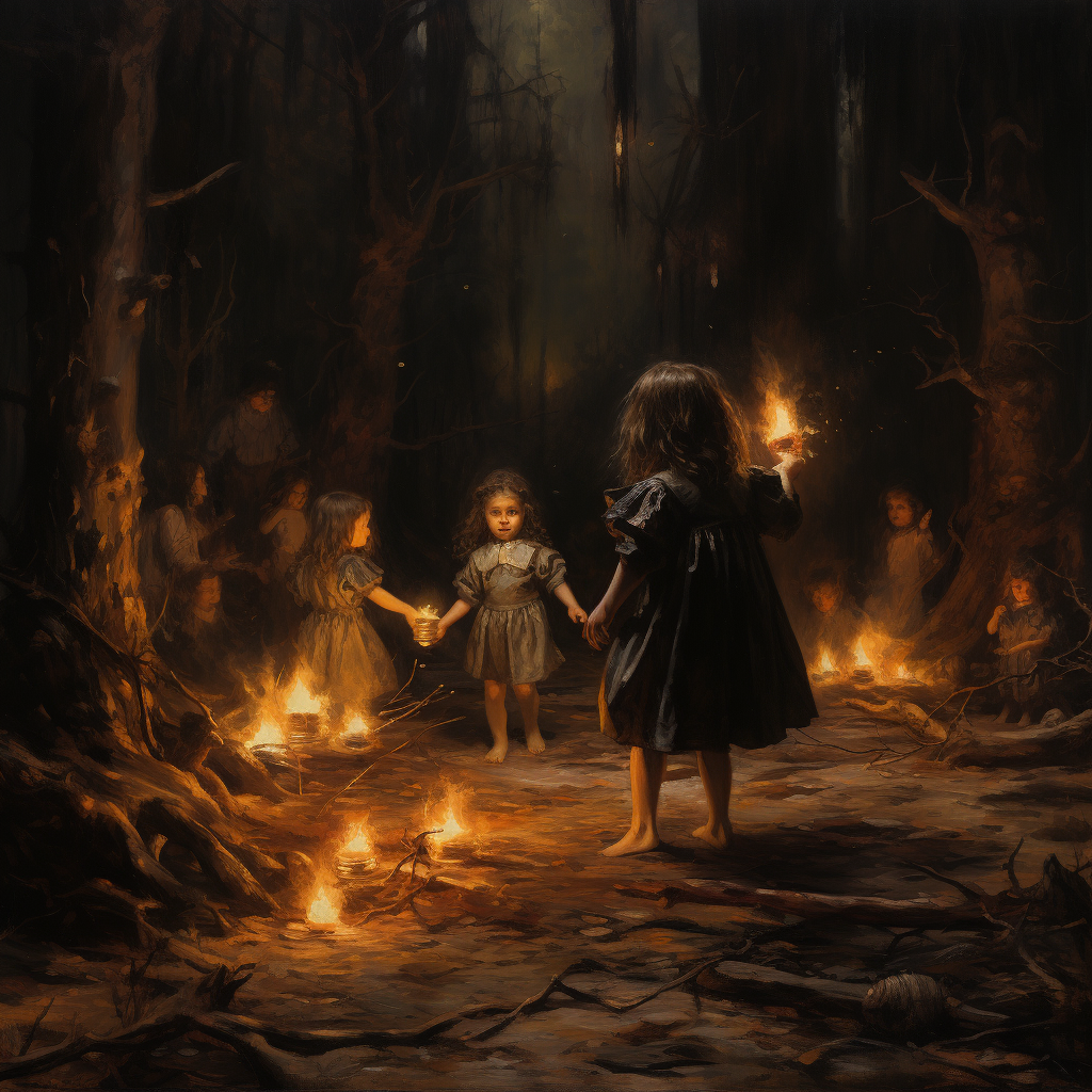 A small girl lost in a dark forest with dancing witches