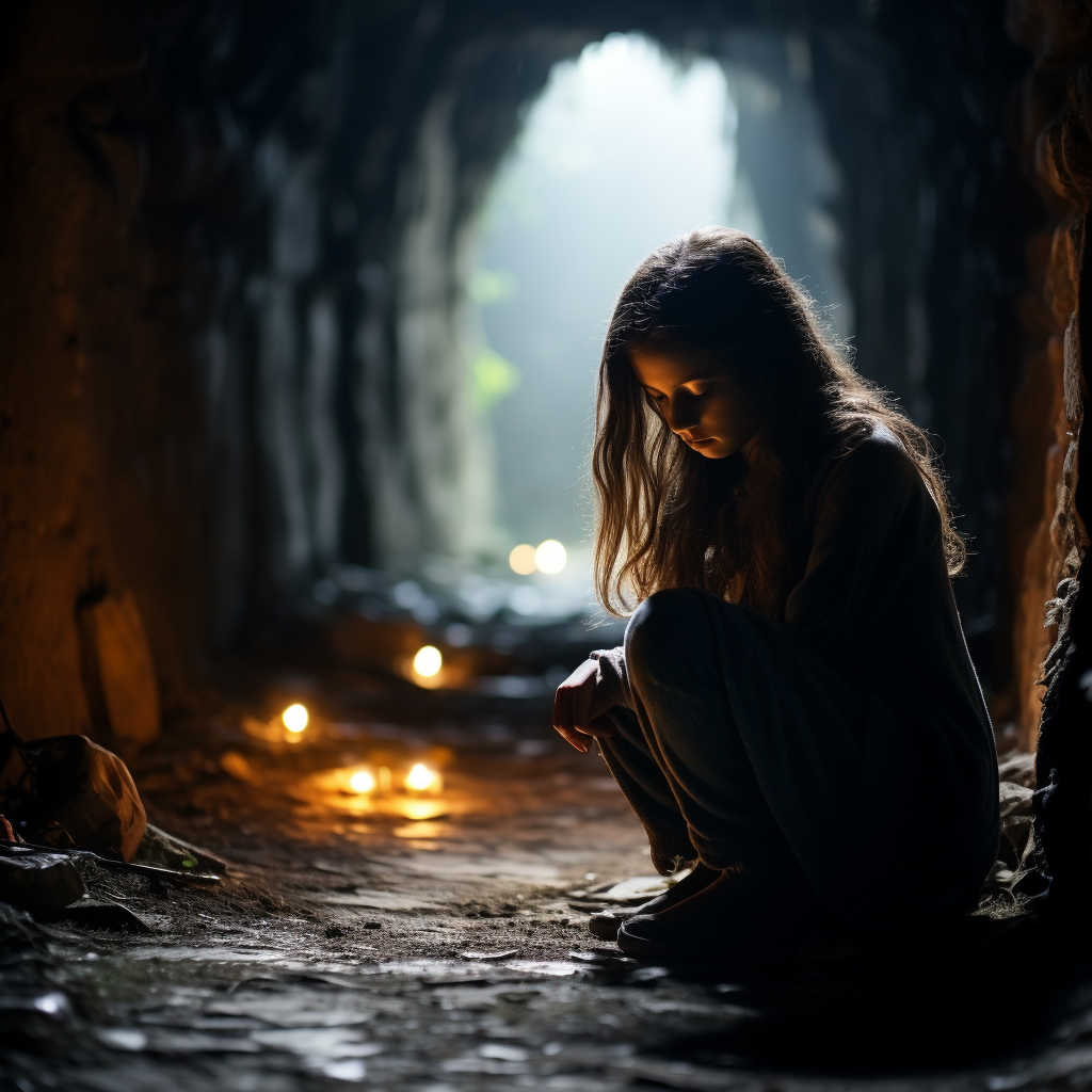 Silhouette of girl in dark underground